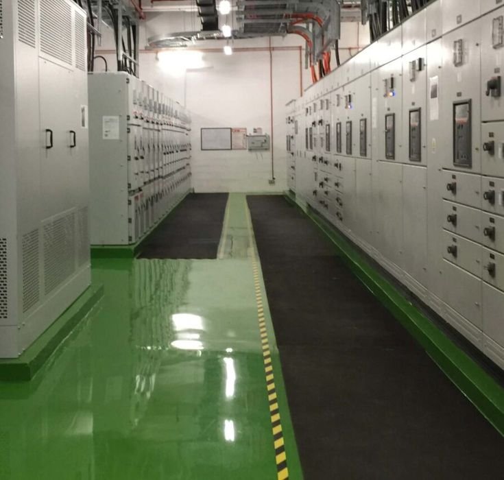 High-gloss green resin rich floors with durable industrial epoxy flooring in a clean and organized industrial facility.