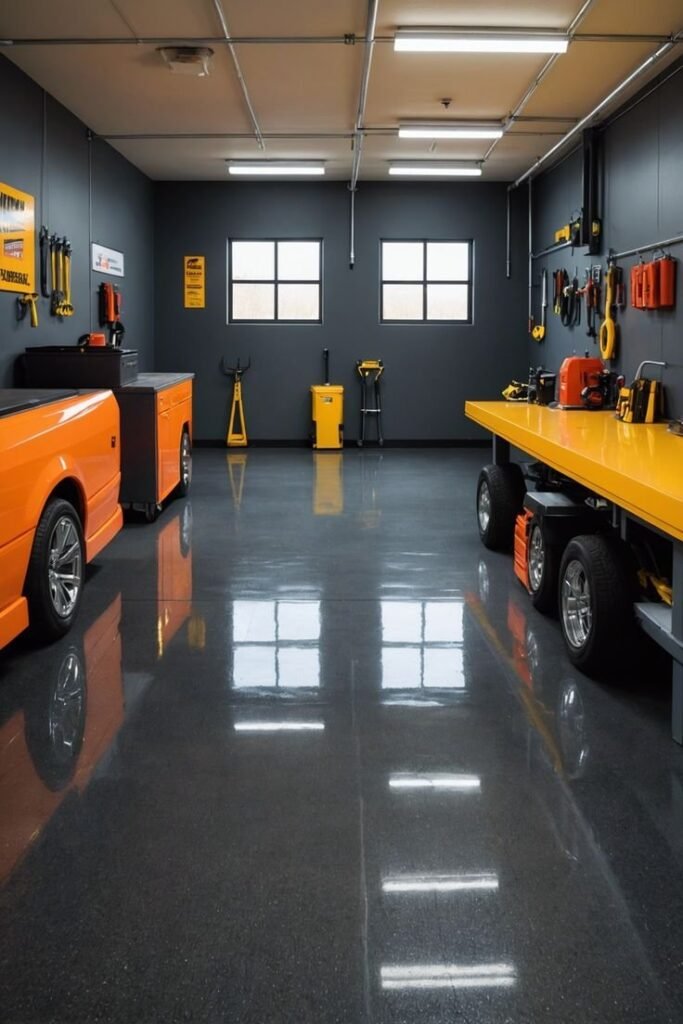 High-gloss resin rich floor with smooth dark workshop epoxy flooring in a modern, well-organized workshop.