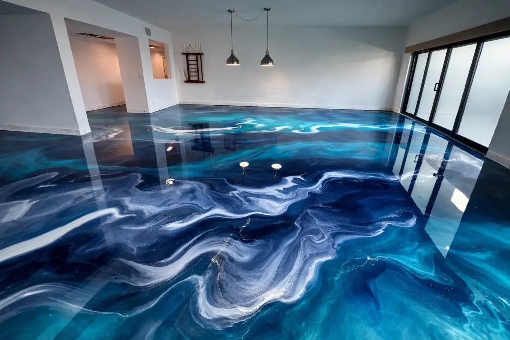 Modern metallic epoxy flooring in Melbourne featuring blue ocean-inspired custom epoxy floor design in residential interior.