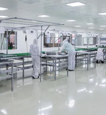 High-gloss green resin rich floors with durable industrial epoxy flooring in a clean and organized industrial facility.