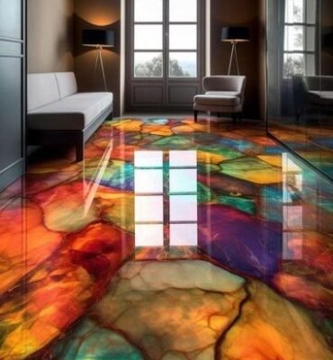 Residential epoxy flooring in Melbourne – glossy resin rich floors in multicolor for luxury living rooms.