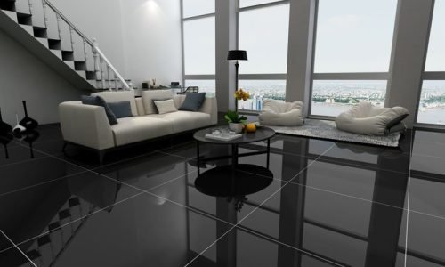 Residential epoxy flooring in Melbourne – glossy resin rich floors in black colour for luxury living rooms.