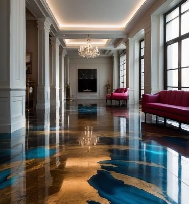 Luxury self leveling epoxy flooring with a glossy resin rich floors design featuring blue and gold metallic accents in an elegant interior space.
