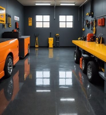 High-gloss resin rich floor with smooth dark workshop epoxy flooring in a modern, well-organized workshop.